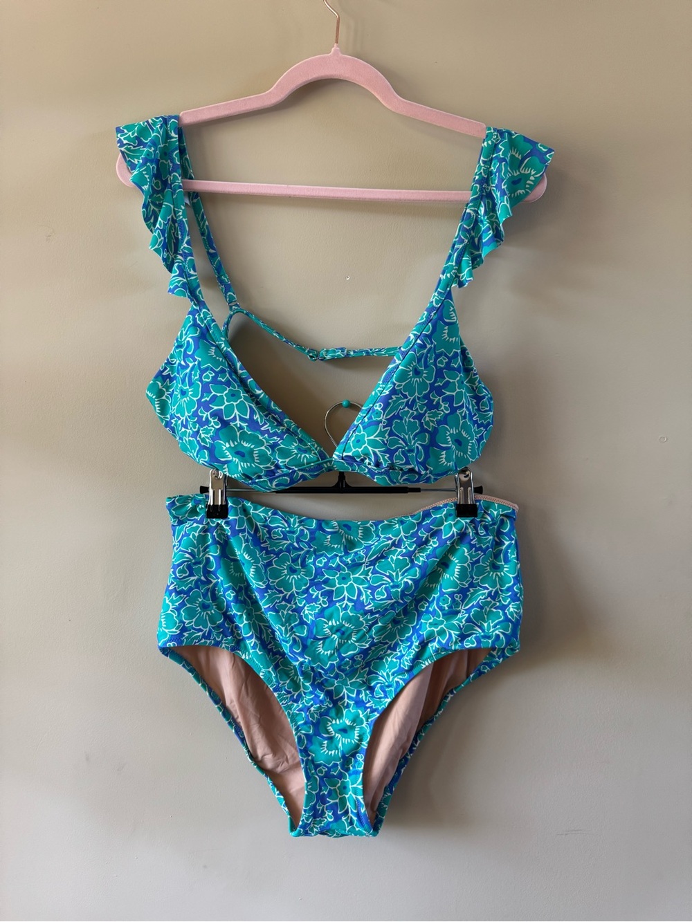 J. Crew Factory Floral Ruffle High-Waist Bikini - Teal & Blue